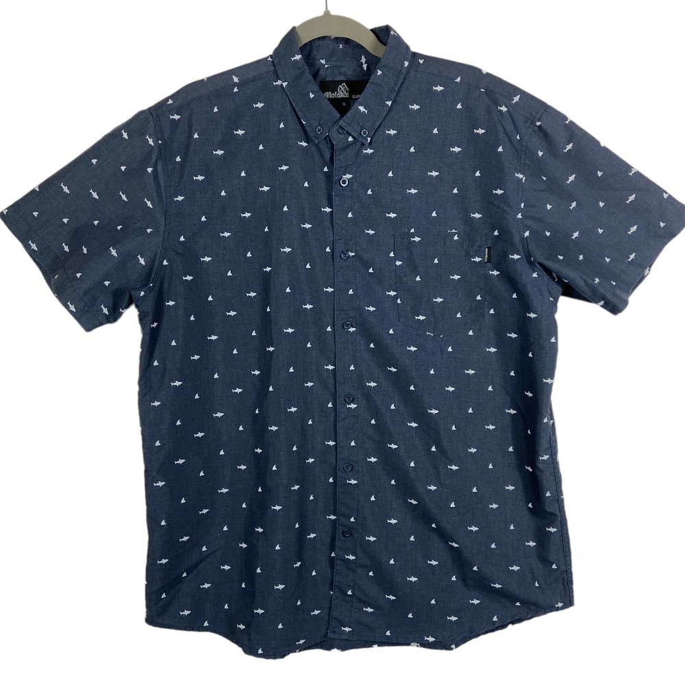 Molokai Surf Co. Blue Button Down Short Sleeves Shirt Shark Print  Size XL